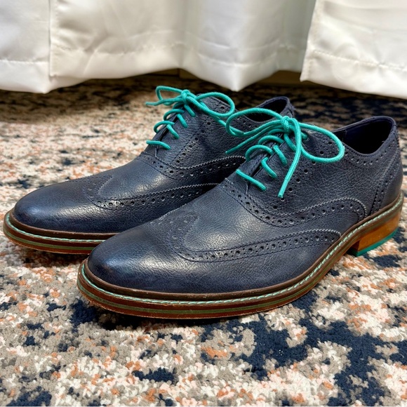 Cole Haan Navy Blue & Turquoise Leather Wingtip Oxford Dress Shoes Men’s Sz 10.5 - Picture 4 of 14